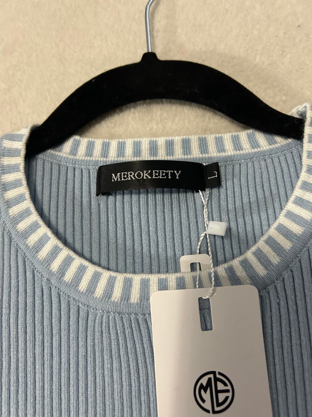 Merokeety Women's Large Blue Knit Sweater Blue White Trim NWT Soft Chic